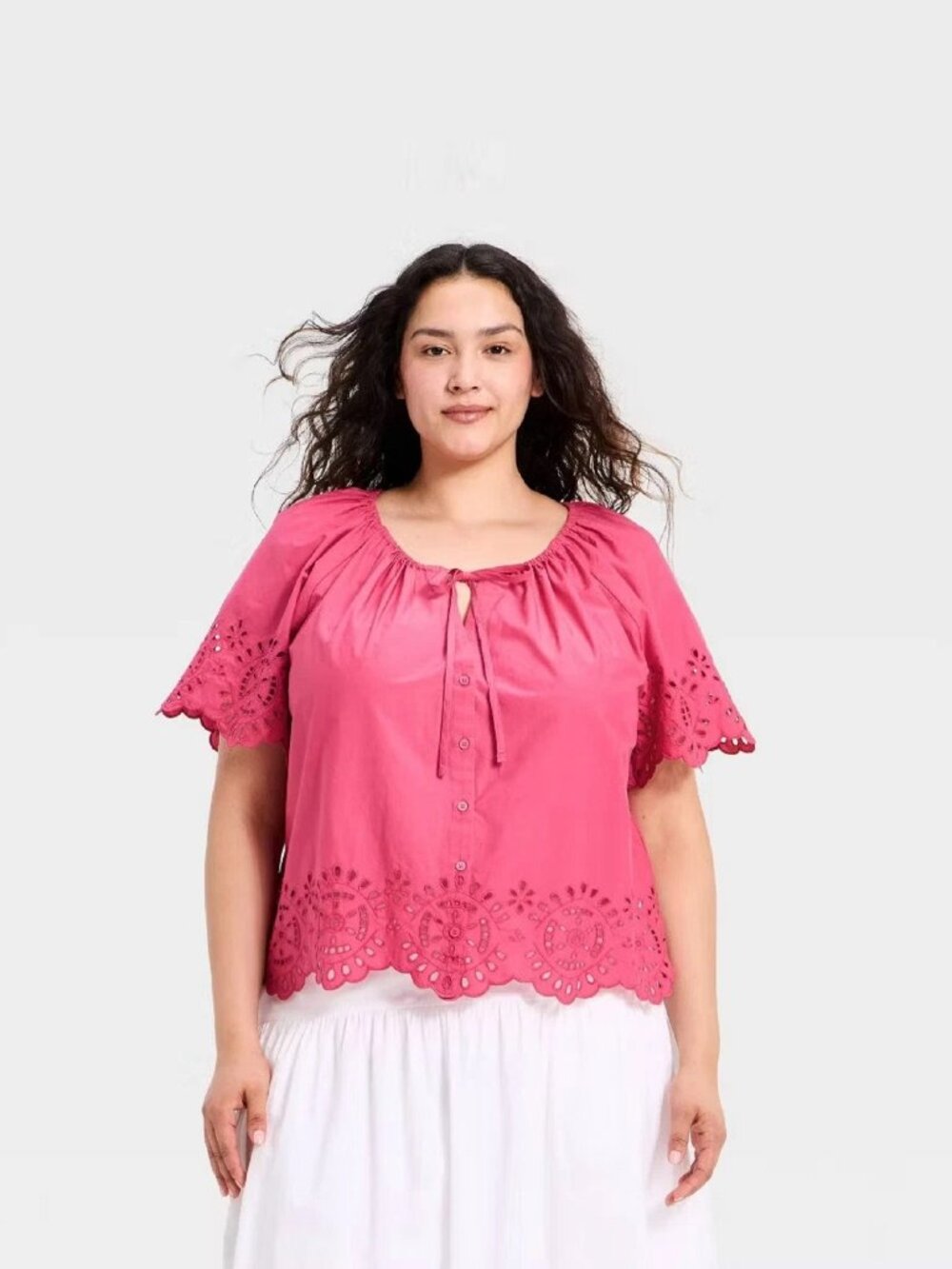 PINK Size 3X “A New Day” Women Short-Sleeve V-Neck Button-Front Eyelet Blouse